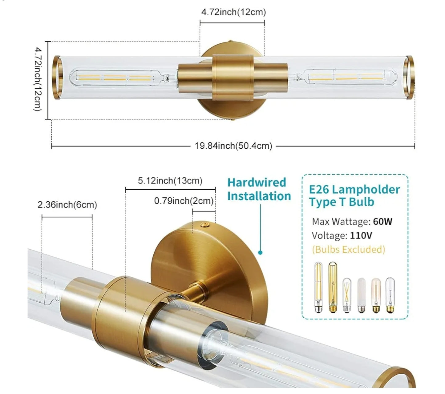 APLIQUE DE PARED MODERNO DORADO CON PARED CILINDRICA DE VIDRIO TRANSPARENTE